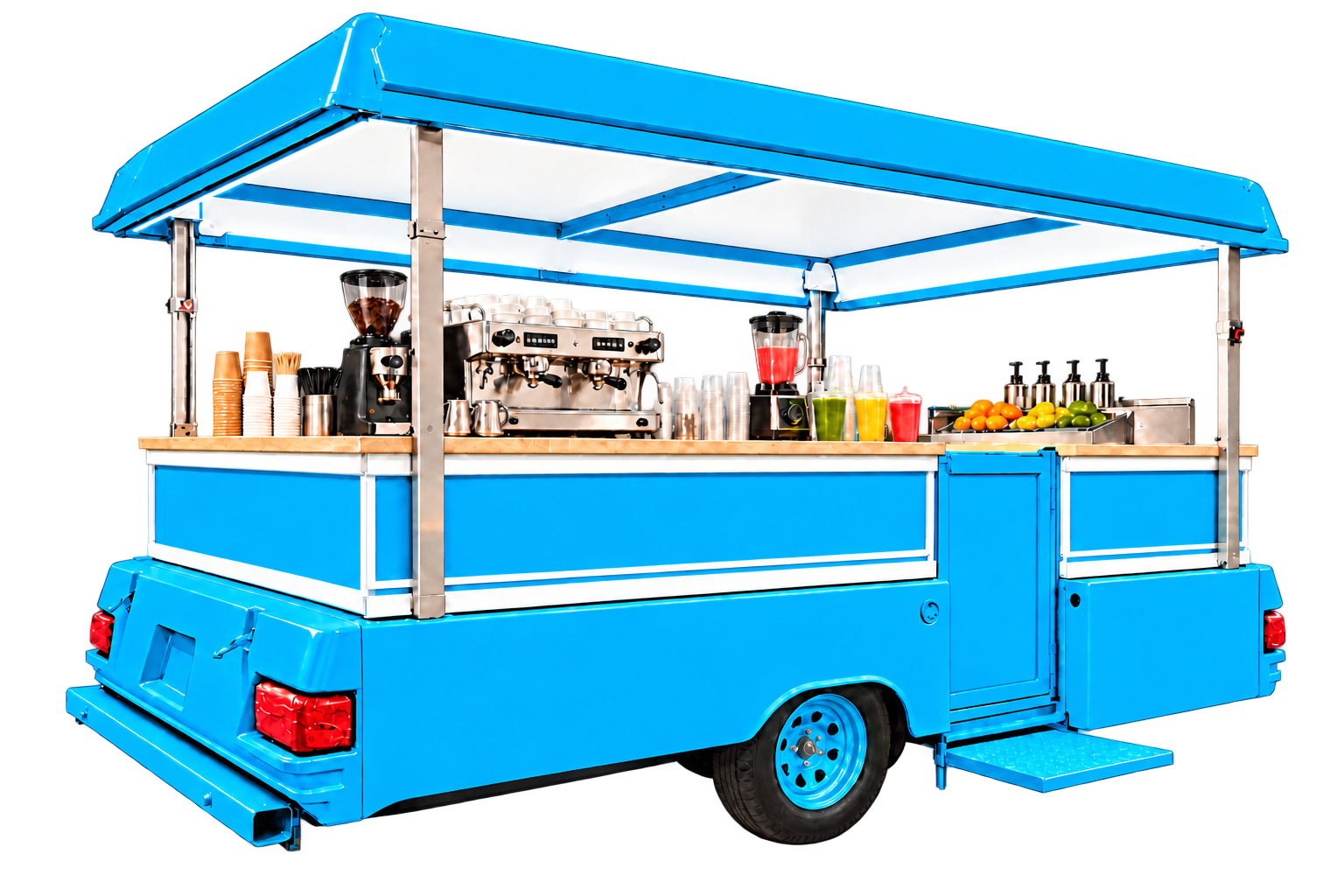 Blue Café Pop Kart side-view concept with beverage equipment