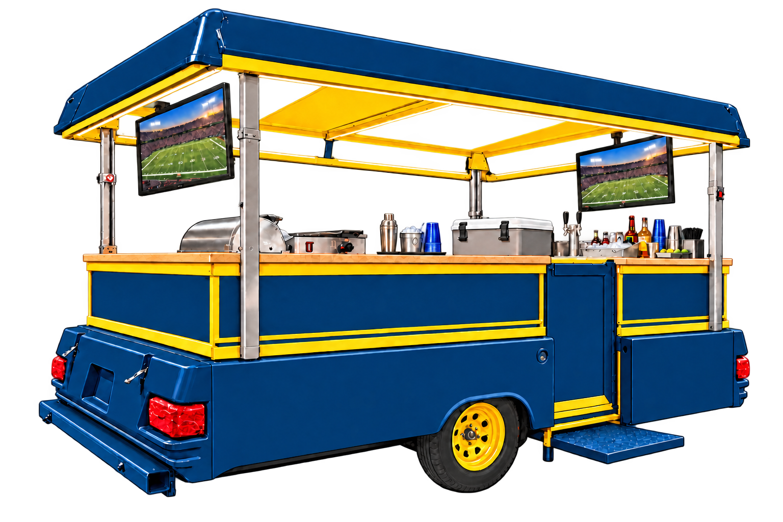 Navy and maize Tailgater Pop Kart with two TVs showing football